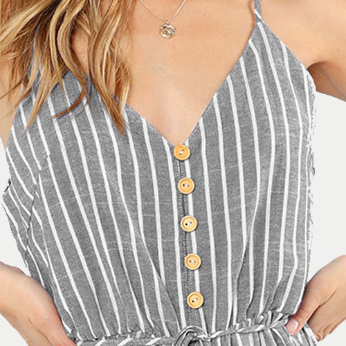 2018 Hot New Button Up Drawstring Detail Striped Cami Romper